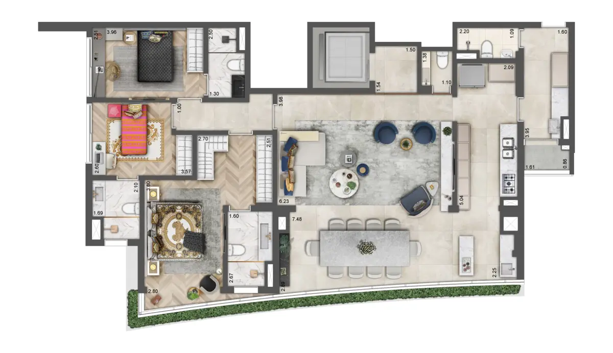Planta tipo 149m² do Villa Milano Versace Moema — 3 suítes, 3 vagas, hall privativo em Moema SP