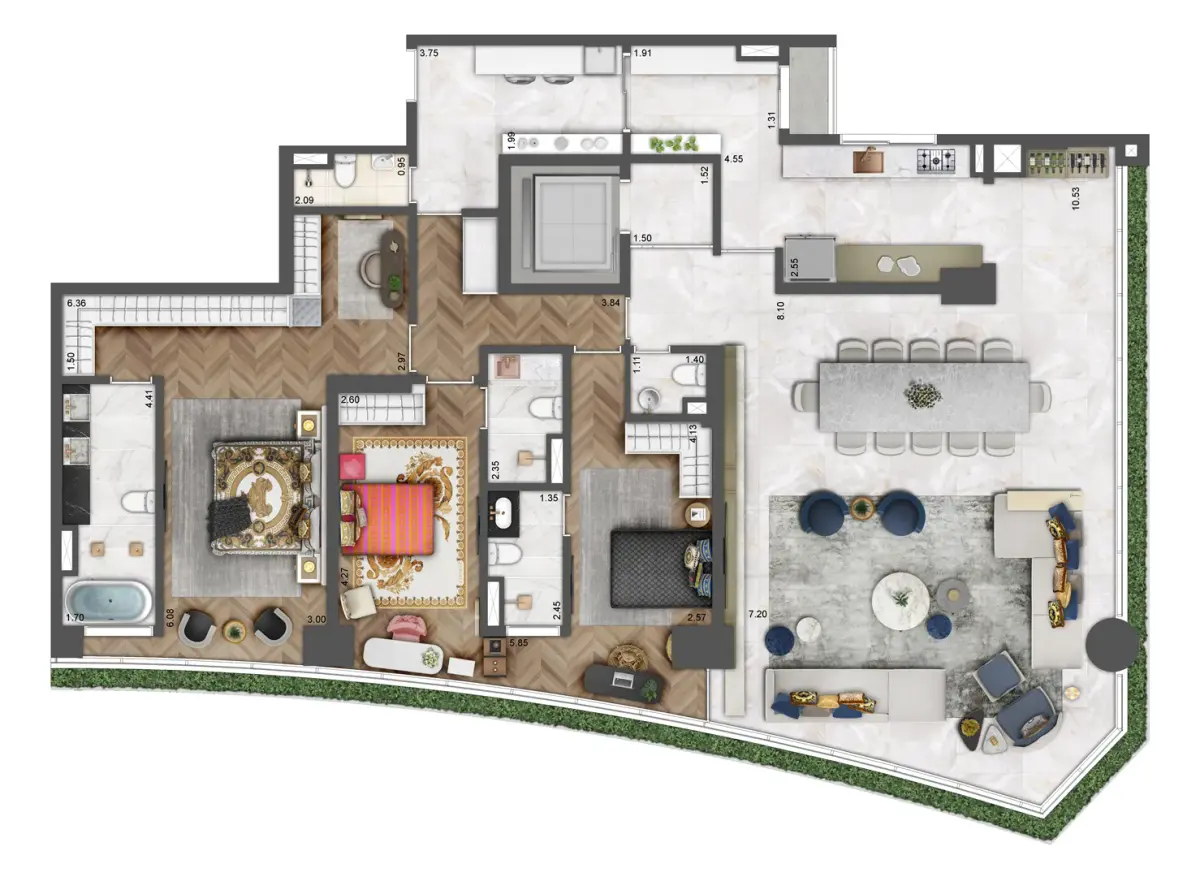 Planta tipo 221m² do Villa Milano Versace Moema — 3 suítes master, até 4 vagas, hall privativo exclusivo