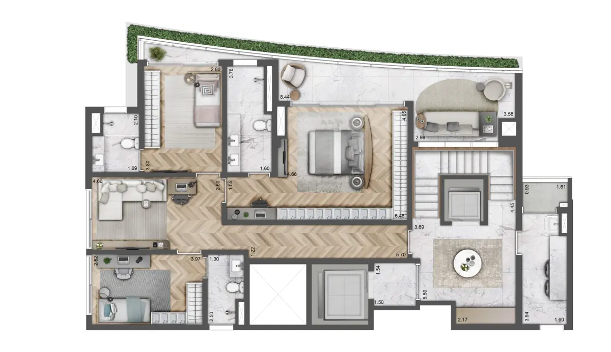 Planta cobertura duplex 291m² do Villa Versace Moema — piso inferior da cobertura exclusiva